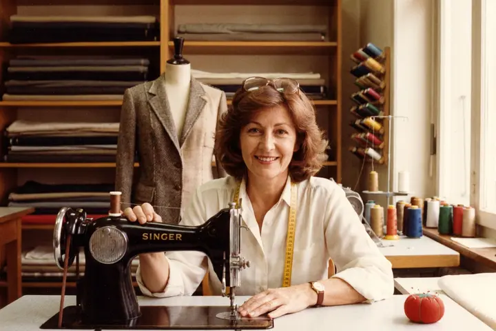Marie at the sewing machine in the workshop